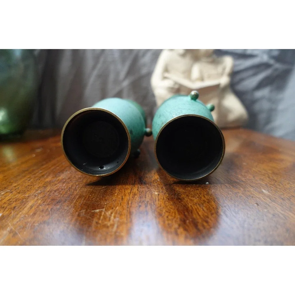 Vintage brass metal tulip shape set of 2 vases 6 inches metal rope decor